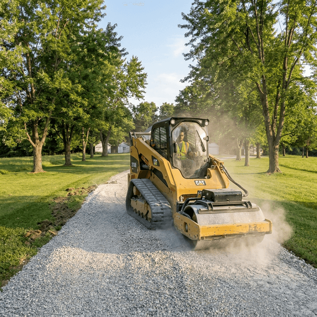 CAT 275XE with vibratory roller attachment compacting limestone base layer
