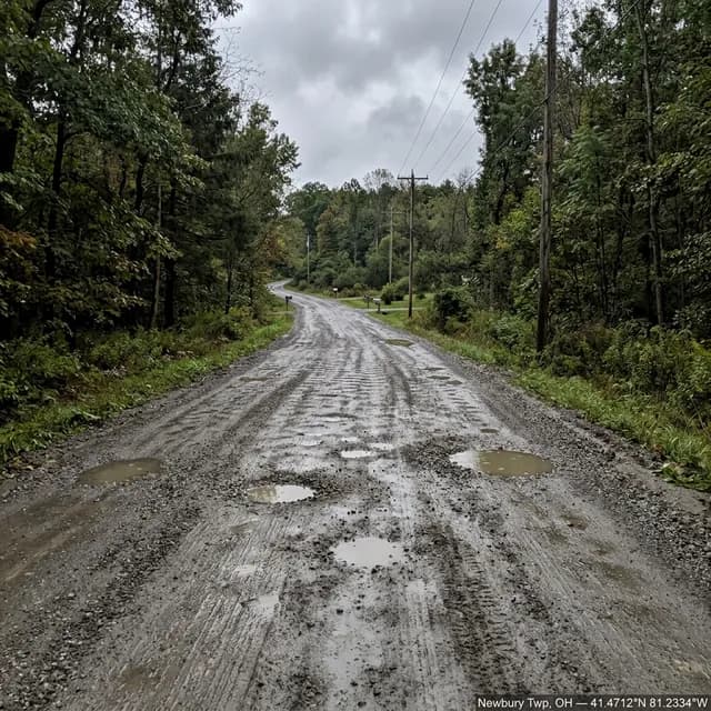 Private gravel lane in Newbury Township, Ohio before restoration — potholes and washboard ruts holding standing water across the full width of the lane
