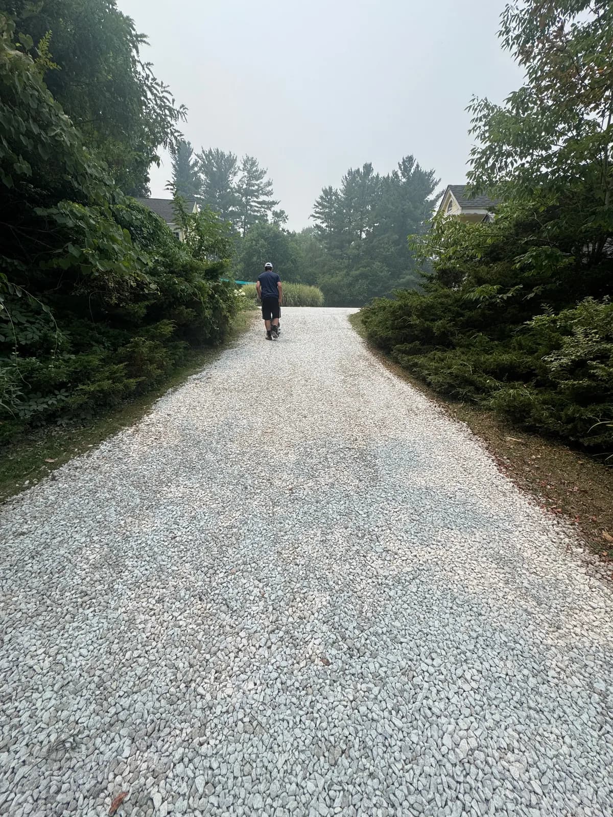 The same tree-lined gravel driveway after GravelBoss work, covered edge to edge in fresh, even stone, with a crew member walking up the drive