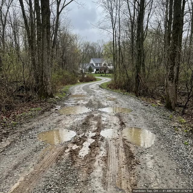 Gravel driveway in Hambden Township, Ohio before restoration — standing water pooled across muddy ruts along a curving wooded drive