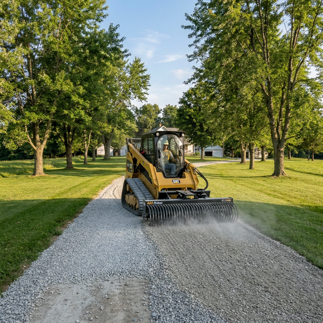 CAT 275XE with AMI Rukas rake smoothing final surface stone