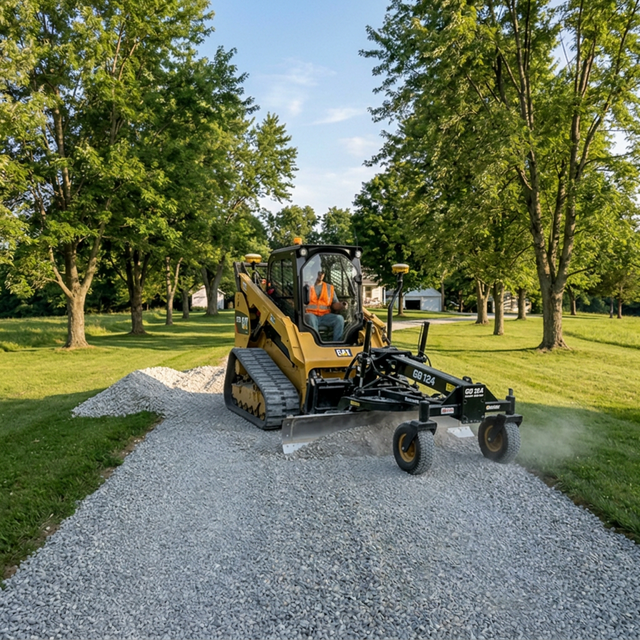 CAT 275XE with GB 124 Smart Grader establishing driveway crown