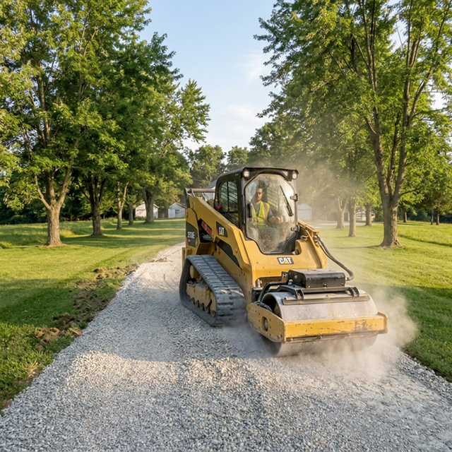 CAT 275XE with vibratory roller attachment compacting limestone base layer