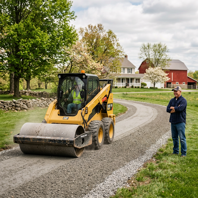GravelBoss CAT 275 XE with vibratory roller compacting a gravel driveway
