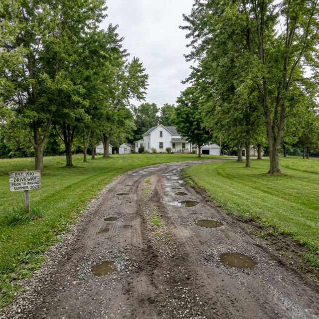 Karen's driveway before GravelBoss — deep ruts, potholes, and standing water